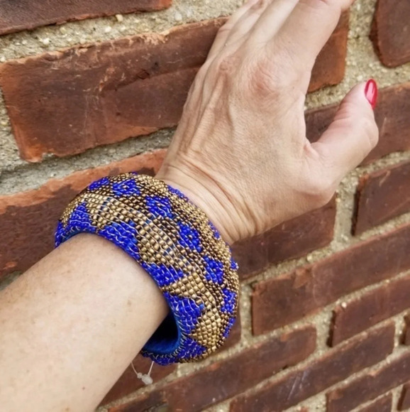 Beaded  blue‎ / gold Tribal bangle New - Picture 2 of 7